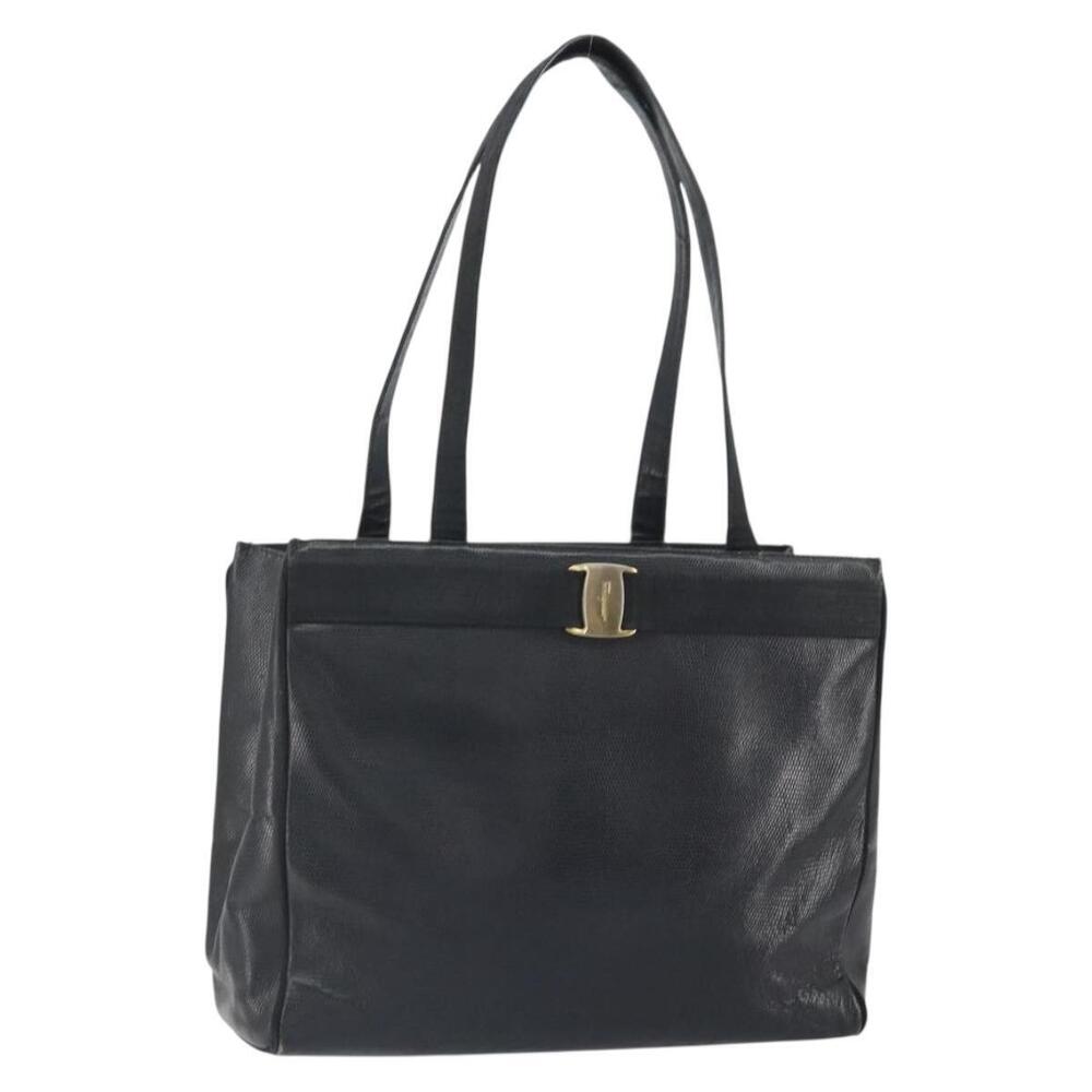Salvatore Ferragamo Vala Tote Bag Leather Black Gold Auth BA9428